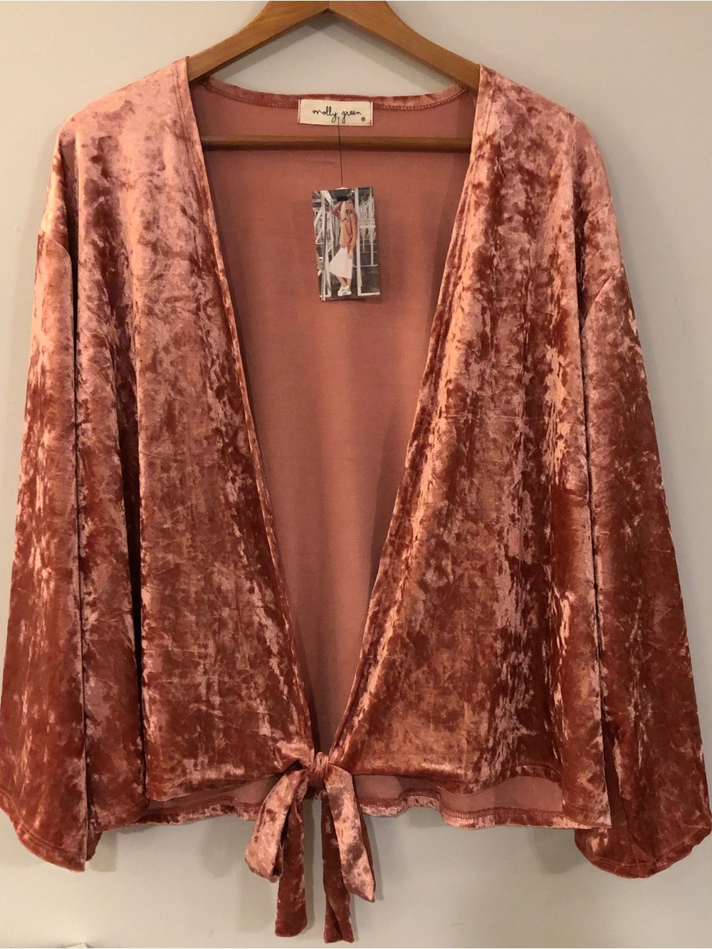 Molly Green Mauve Pink Velvet Tie Front Cropped Kimono - S, M